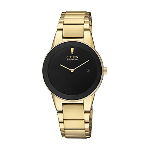 Citizen Stainless Steel Analog Black Dial Women Watch-Ga1052-55E, Gold Band