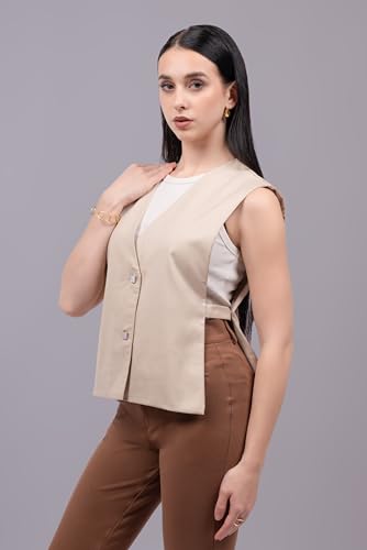 ZLAATA Formal Waistcoat Top for Women | Club Lycra Fabric | V Neck Style | Sleeveless Side Open Design with Buckle Detail | Regular Fit | Straight Hemline Tops for Woman | Pack of 1 (Beige, S)