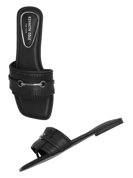 Kenneth Cole Women's Flat Slide Sandal | Premium Synthetic Upper | Ladies Open-Toe Slip-On, Cushioned Footbed | Distinctively Sculpted Vamp Strap, Gleaming Metallic Accent | Sophisticated, Effortless Contemporary Chic & Lasting Comfort | Black, EU37