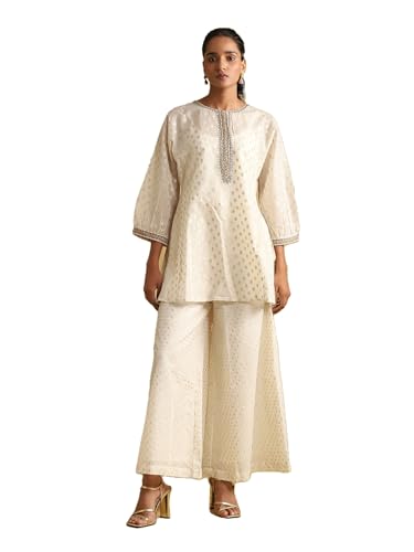 Ritu Kumar Off White Embroidered Ensemble Kurti With Dhoti Pant And Inner