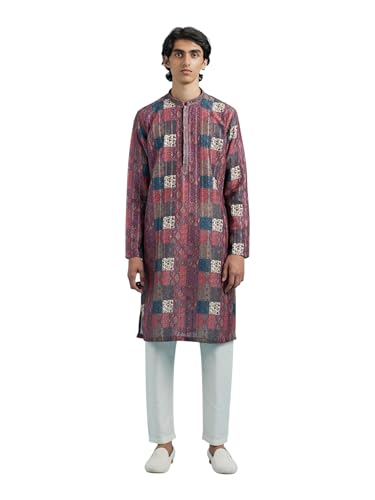 DIWAS BY MANYAVAR Men's Art Silk Printed Festive Kurta Set (2pc) (Maroon, M)