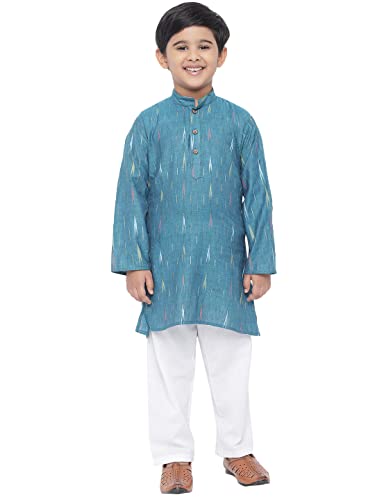 Vastraa Fusion Kid's Ikat Pattern Kurta Pure Cotton Long Kurta, Round Collar, Full Sleeves, Button Kurta, Ethnic Wear (VASTRAAKD3013-9-10)