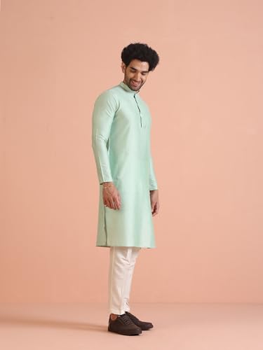 KISAH Men's Kurta Trouser Set, Green Silk Blend, Solid Regular Fit Mandarin Collar Long Sleeves, 44