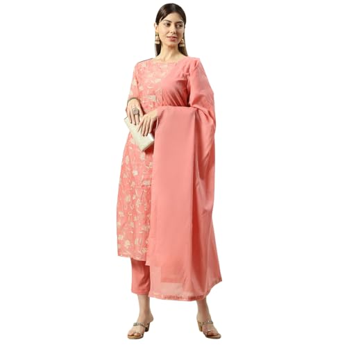 Biba Women Blush Pink Printed Straight Kurta Regular Pants Suit Set_46