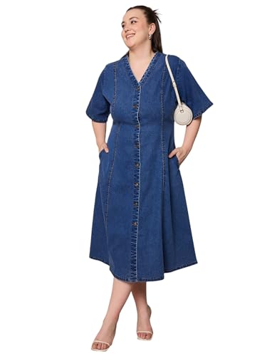 SASSAFRAS Curve Navy Denim V Neck Midi Dress
