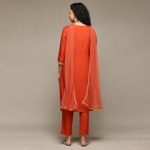 BIBA Women's Burnt Orange Rayon Straight Kurta Pants Suit Set_42