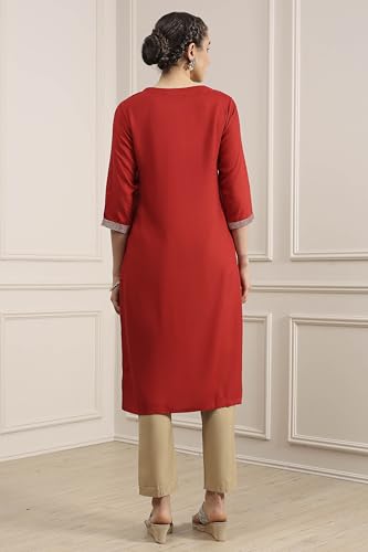 Biba Women Red Viscose Rayon Straight Solid Kurta_40