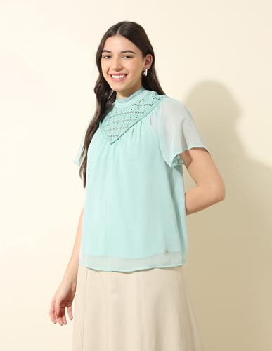 U.S. POLO ASSN. Women Lace Detailed Top (UWAW24TOP213_Blue_S)