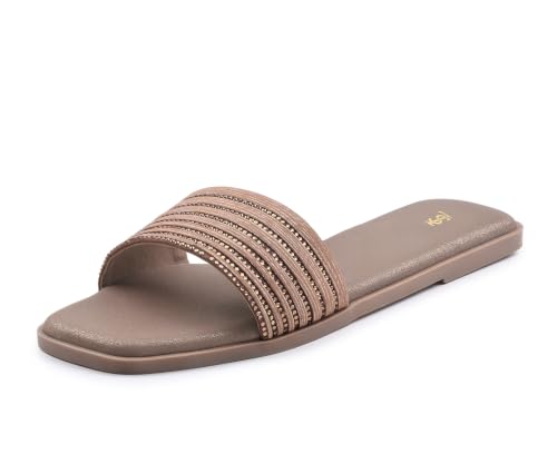 LOUIS STITCH Women’s Champagne Gold Elegant Flat Sandals with Rhinestone Studded Straps | The Embellished Series | Luxury Comfort Slip-On Flats for Women | Perfect for Travel, Casual & Daily Wear | LSLD-FL05 | UK-5