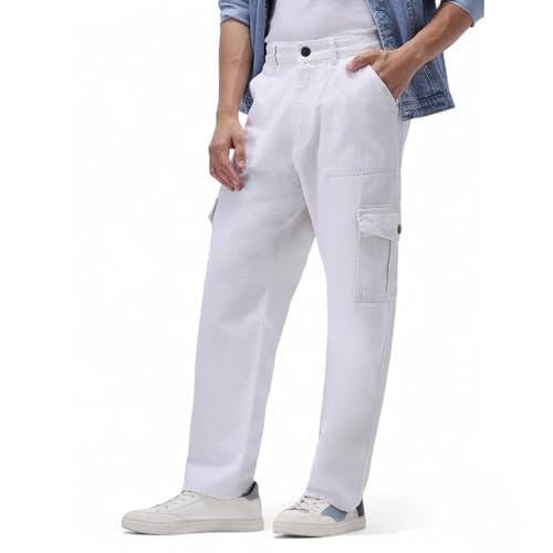 Urbano Fashion Men's White Loose Mid Rise Baggy Fit Cargo Jeans with 6 Pockets Non-Stretchable (jeanlscargo-white-30)