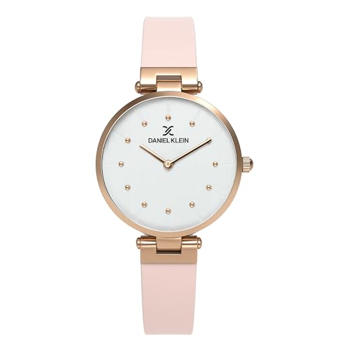 Daniel Klein Analog Silver Round Dial Rose Gold Case Pink Leather Strap Water-Resistant Wrist Watch for Women Girls, Ladies DK.1.12260-5