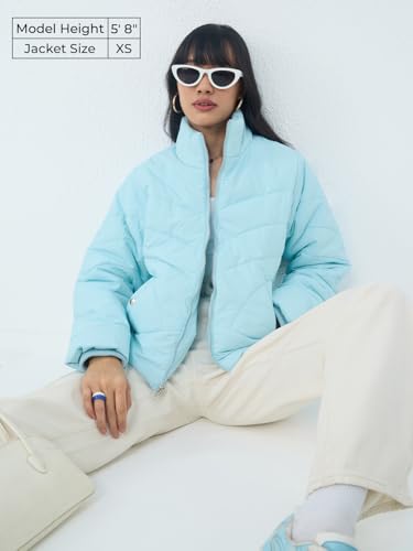 The Souled Store Hearts Women and Girls Full Sleeves Spread Collar Light Blue Chevron Quilted Polyester Oversized Fit Lightweight Casual Puffer Jacket