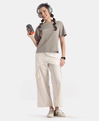 Jockey WZ30 Women Microfiber Fabric Oversized Cargo Utility Pants with Inner Drawstrings_Egret_XL