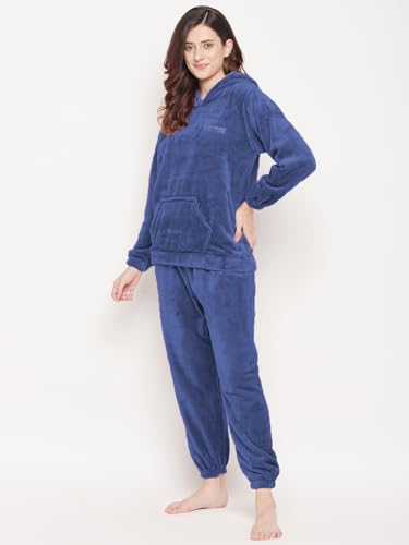 CAMEY Women Winter Full Sleeve Top and Pajama Pants Regular Fit Night Suit Hooded Top and Pyjama Set Ladies Night Dress (X-Large, D.Blue)