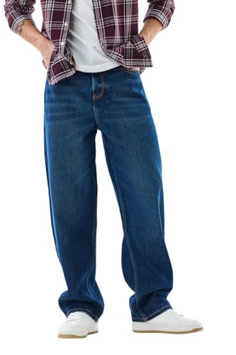 SNITCH Men Jeans Solid Blue Casual Wear | Loose Fit, Turned-Up Cuffs, Classic Blue Wash | 100% Cotton, Mid Rise, Relaxed Thigh, Wide-Leg, Five Pockets, Machine Wash