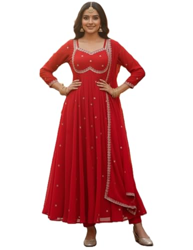 Leeli Peeri Designer Women's Faux Georgette Embroidery Anarkali Kurta Trouser and Dupatta Set XL