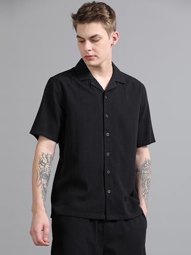 StitchX Men’s Airport Look Textured Seersucker Resort Cotton Shirt & Trouser Co-Ord Set Midnight Black-XL
