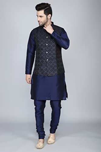 Ethluxis Men's Silk Blend Kurta Churidar Pyjama With Ethnic Bundi Jacket Set (38, Navy/Navy, Regular Fit)