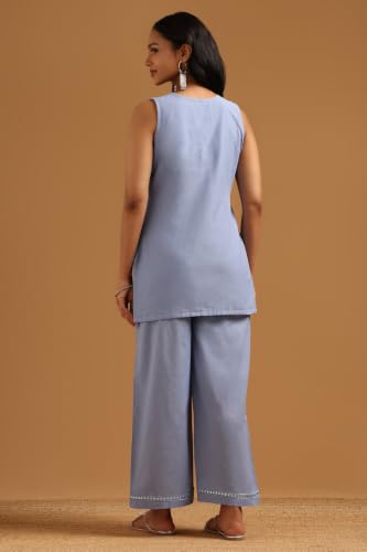 Soch Womens Blue Cotton Floral Embroidered Kurta Set With Sequins