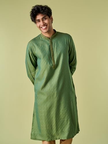 DIWAS BY MANYAVAR Men's Viscose Blend Self Design & Embroidered Kurta Set (Light Mid Green,XL)