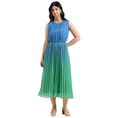 United Colors of Benetton Regular Fit Round Neck Ombre Pleated Dress (Size : 2XL) - 26P4WVNDR328I902 Blue