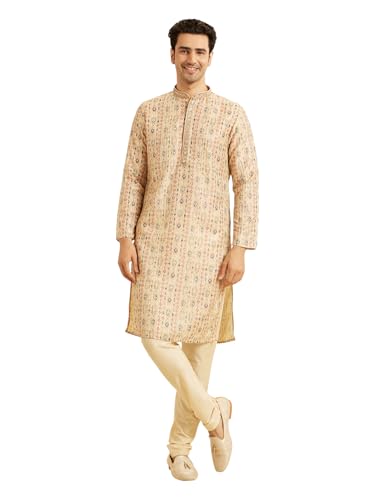 Manyavar Men's Art Silk Printed with Thread Work Kurta Set (Beige,S)