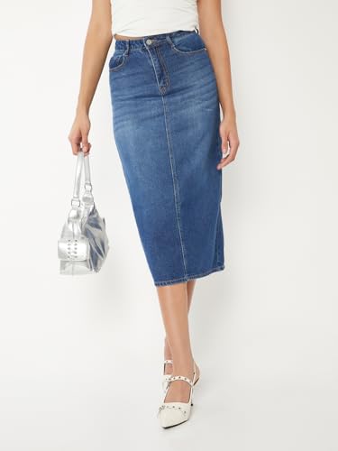 Max Women Washed Denim Skirt (Blue_36)