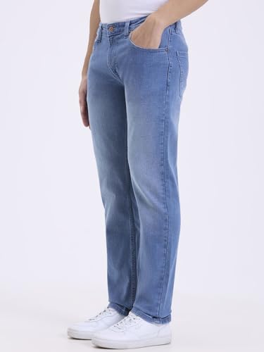Men Light Blue Mid-Wash Straight Fit Stretch Jeans