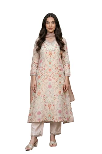 W for Woman Cream Floral Printed Tissue A Line Kurta with Straight Pant and Dupatta Set - (WS13090-126486-XS)
