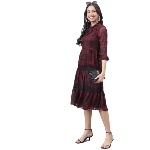 Latin Quarters Women Maroon 3/4 Sleeve Tie-Up Neck A-Line Dress