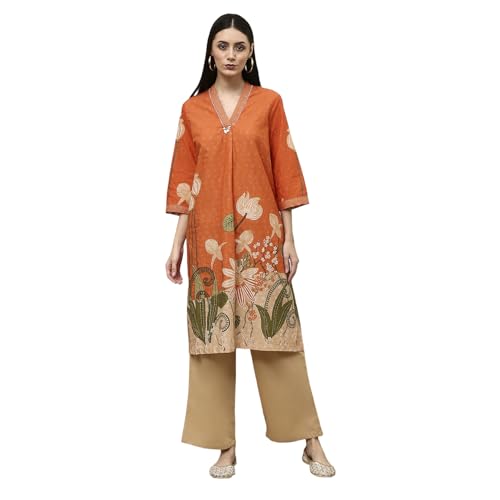 Biba Women Orange Cotton Blend Schiffli Straight Kurta Set_38