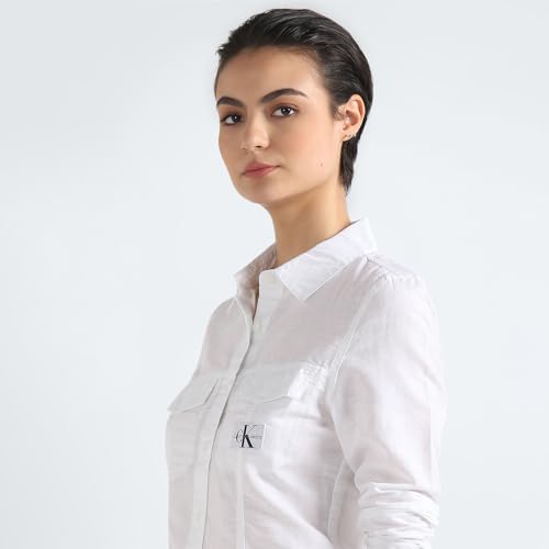 Calvin Klein Linen White Solid Spread Collar Full Sleeve Women Shirt (XXL)