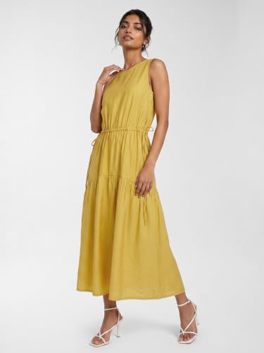 Max Women Solid Midi Dress (Yellow_XS)