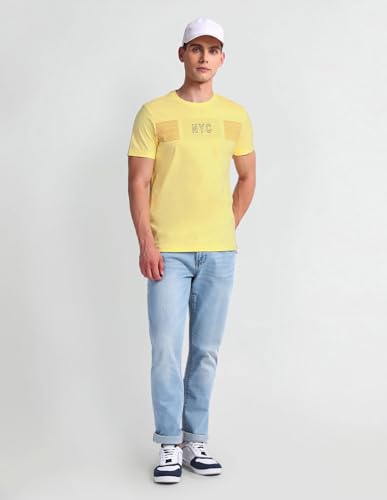 Arrow Typographic Print Cotton Fit T-Shirt (ASAEOTS5102_Yellow_M)