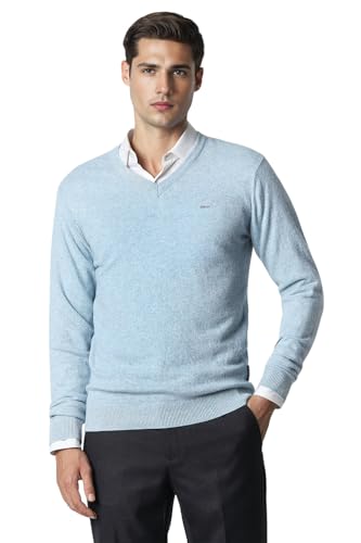 Men Blue Solid V Neck Sweater