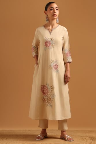 Soch Womens Beige Cotton Solid Thread Work Salwar Suit