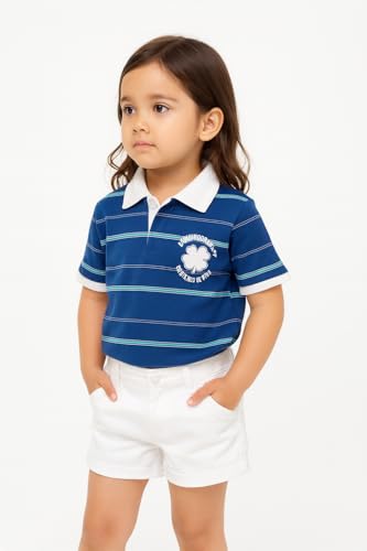 BUTTON NOSES Girls Striped Polo Collar Cotton T-Shirt with Printed Design | Half Sleeves | Smart Casual Wear for Kids Navy Blue