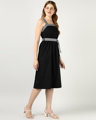 Sands of India Women’s Black Embroidered Midi Dress | Sleeveless Belted Evening Dress | Elegant Party, Casual Dress for Women