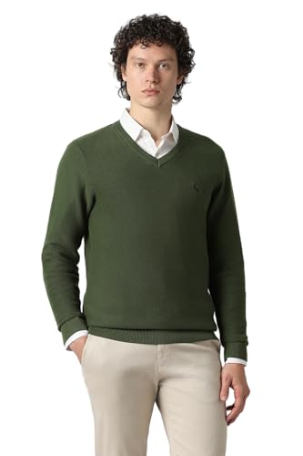 Men Olive Solid V Neck Sweater