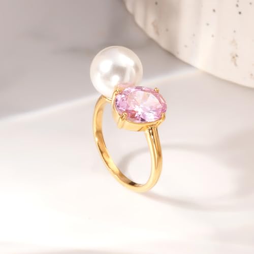 PALMONAS Elegant Pink Crystal & Pearl Ring(Size-Adjustable) | Gift For Women & Girls