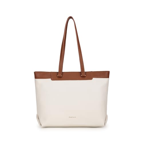 Fastrack Vanilla Clay Laptop Tote Bag | White on Tan Faux Leather Work Tote with 14 Inch Laptop Sleeve | Zip Closure with Organizer Pocket & Dual Handles