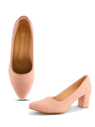 XE Looks Pink Cream Pumps | Chic Suede Finish | Comfortable & Trendy Block Heel For Girls & Womens
