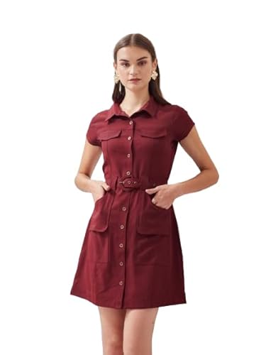 Latin Quarters Women's Maroon Solid Cap Sleeve Collar Neck Casual Shirt Dress_S