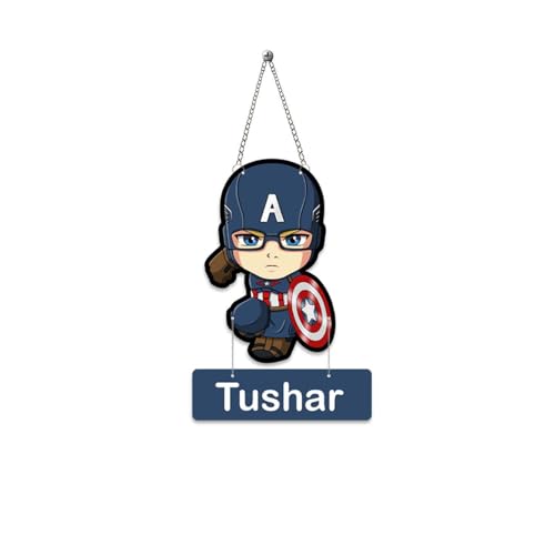 Gift Me Bazar Personalized Captain America Wooden Name Plate for Kids Room | Marvel Superhero Wall Hanging Decor | Wall Art for Boys Bedroom & Door | Birthday Return Gift