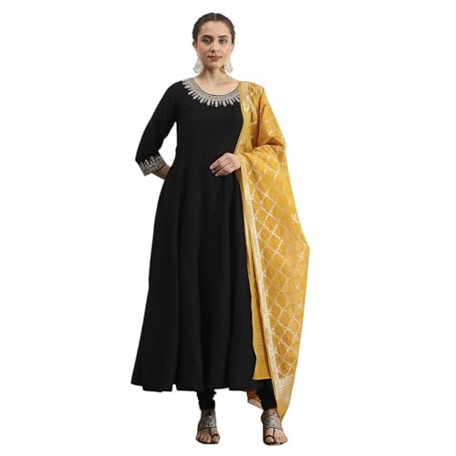Biba Women Black Polyester Blend Solid Anarkali Suit Set_32
