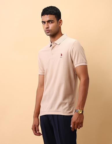 U.S.Polo Association Men's Textured Pure Cotton Polo Shirt Beige