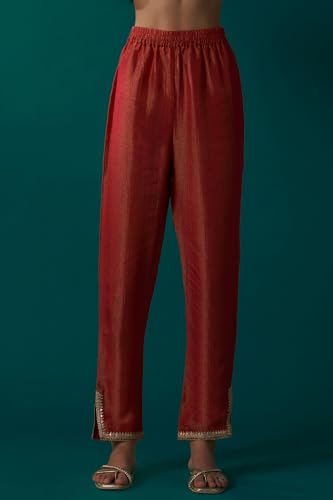 Wishful Women's Red Embroidered Tissue Jacquard Angarkha Kurta with Pant and Dupatta Set (SP12835-314436-2XL)