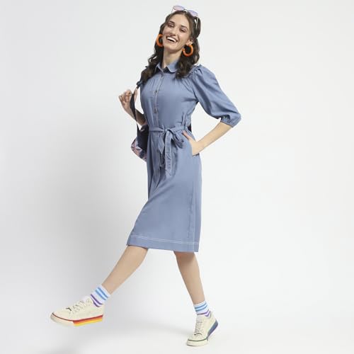 Madame Cotton Blend Belted Waist Blue Midi Shirt Dress for Women