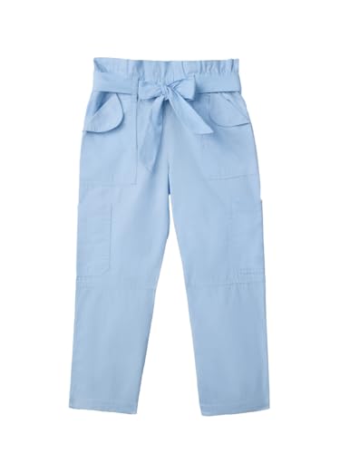 The Souled Store Paperbag Pants: Ice Blue Girls Drawstringed Casual Cotton Trousers (2-8 Yrs)
