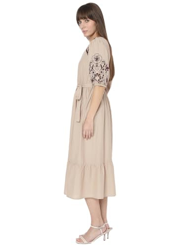 Vero Moda Women's Cotton Blend Fit and Flare Midi Dress (9013710- Beige